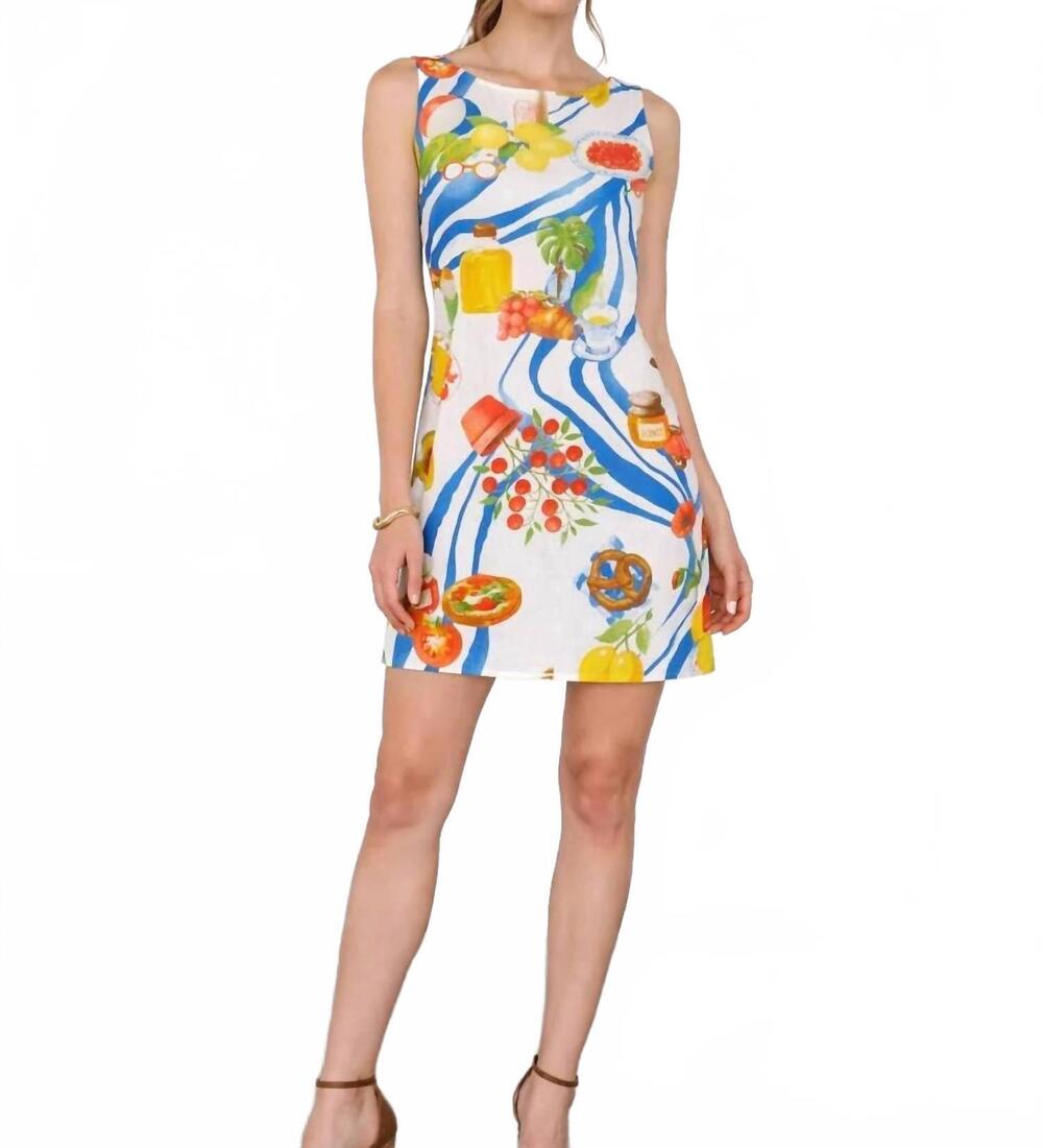 NEW MOON RIVER positano print boat neck mini dress in white multi